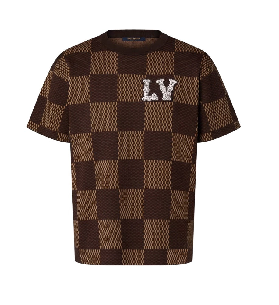 Louis Vuitton Short-Sleeved Cotton Damier Crewneck with Crystal LV Patch